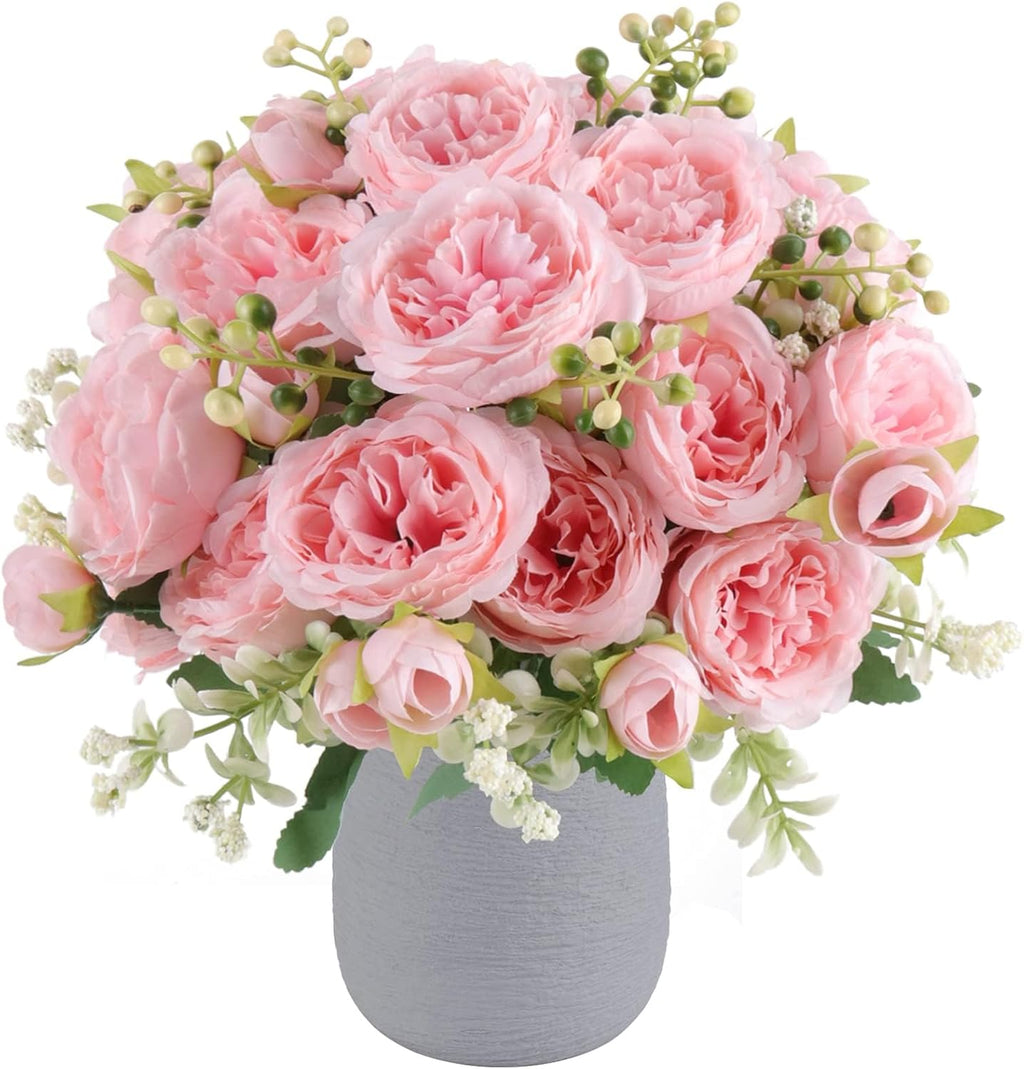 Set of 4 Artificial Silk Peony Bouquets, Light Pink, for Vase and Table Centerpiece Decor