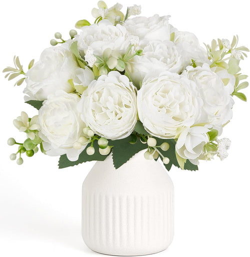 NayaFlora 9-Inch Artificial Silk Floral Arrangement with Vase, White, for Home Table Decor